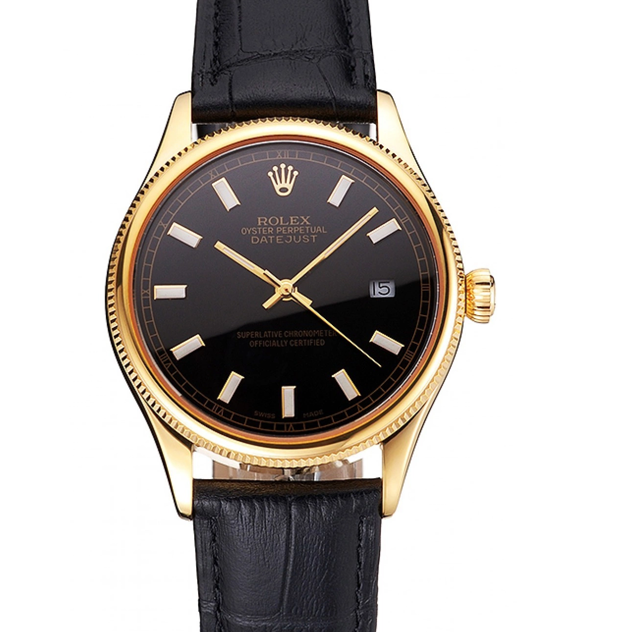 Case Gold Swiss Black Leather Strap Datejust Black Dial Rolex 0728